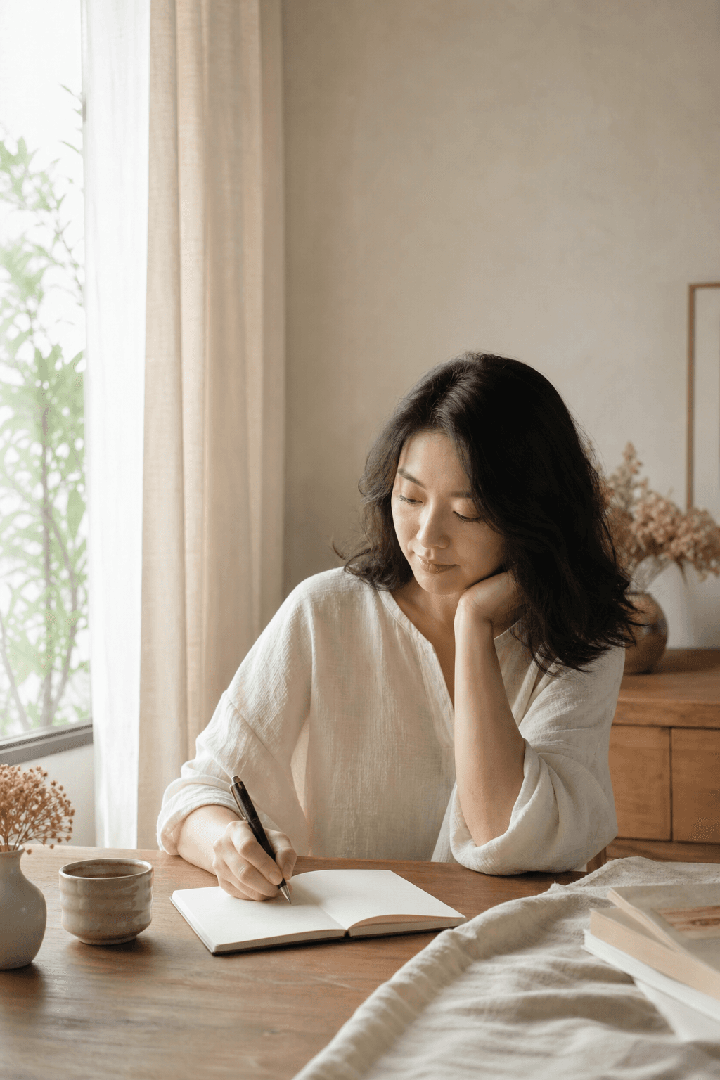 一位女性在晨光中安靜書寫